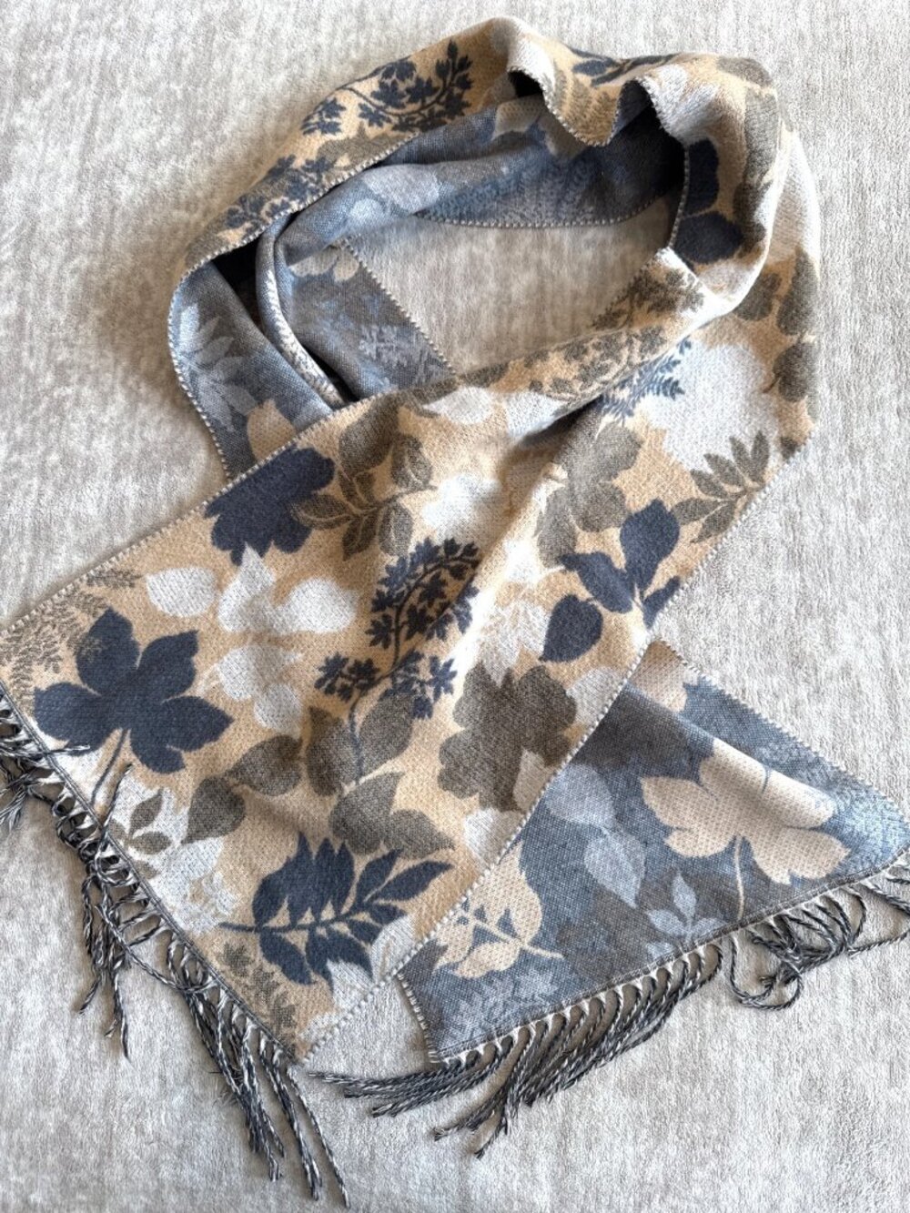 Reversible Fall Leaf Wool Blend Scarf with Fringe Gray/Blue and Tan Soft